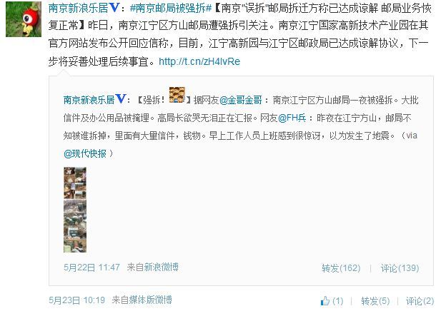 一周微博热点话题:南京邮局被强拆
