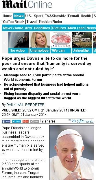 罗马教皇呼吁达沃斯嘉宾关注穷人利益