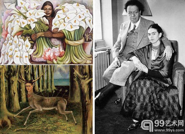 左上：里维拉作品，左下：弗里达作品；右：夫妻两人