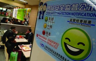 　　“卫生脸谱”在一餐饮经营店家的墙上公示　　