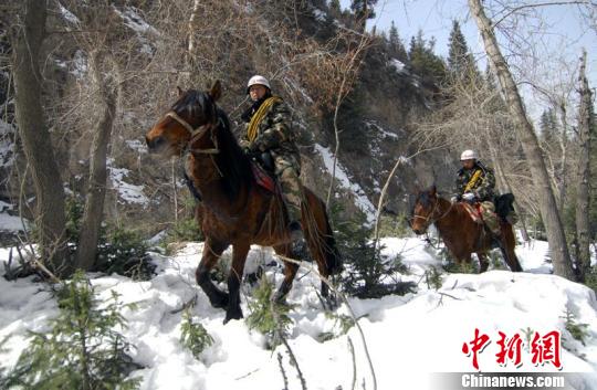图为新疆巴州以及和静县搜救人员骑马进山搜救因雪崩而被困的人员。