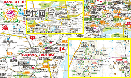 渝中区的街道，是典型的重庆老城“模式”，街道因山势而建、蜿蜒蛇形。而如小图重庆大学城、北部新区的街道，则显得方正。 记者 胡旭欣 制图