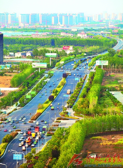 昨天,繁华大道沿线道路景观犹如一条绿带向远方延伸.