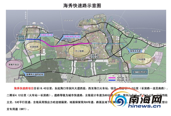 海秀快速路项目效果图。 南海网海口10月22日消息(南海网记者李晓梅)备受各界关注的海口市海秀快速路项目计划于10月28日开工建设,项目东起海口市国兴大道西段,西至海口火车站,全长18.42公里。项目建成后,将明显改善海口市内的交通环境,带动海口市江东组团和长流组团的发展。这是南海网记者10月22日下午从海口市政府方面获悉的。 18公里海秀快速路将开建道路设大型公交专用道 据介绍,海秀快速路项目是海南省、海口市重点项目工程,全长18.