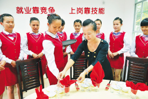 旅游服务与管理专业的学生在老师的指导下练习