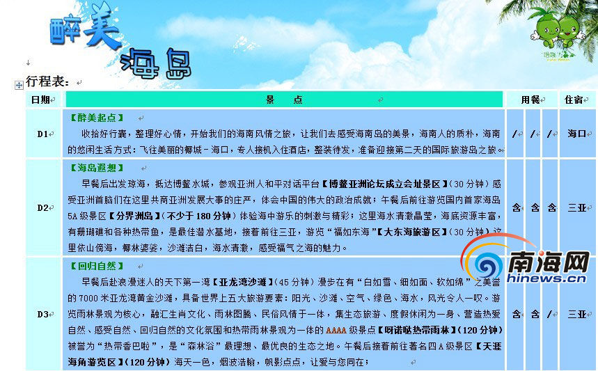 海南旅游行程单新旧对比:新版没有另行付费项