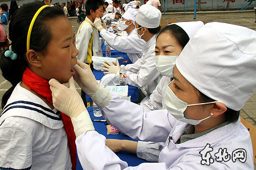 为团结中心小学学生进行口腔健康检查。东北网记者 印蕾摄