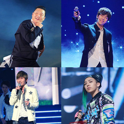 顺时针方向:韩国男歌手鸟叔psy,李升基,g-dragon,k.will