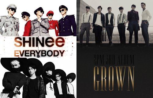 SHINee最新迷你五辑《Everybody》造型(左)、2PM正规三辑《Grown》封面造型