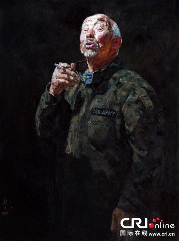 穿迷彩服的老人 亚麻布油彩 2013年原标题:《情凝厚土――曹新林油画