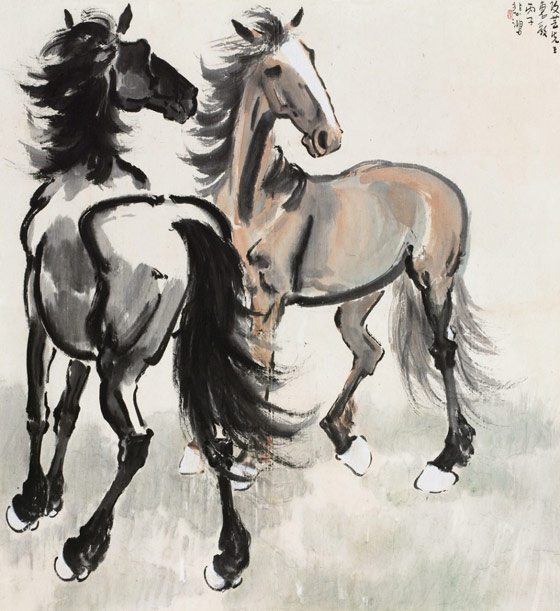 徐悲鸿 双骏图 镜心