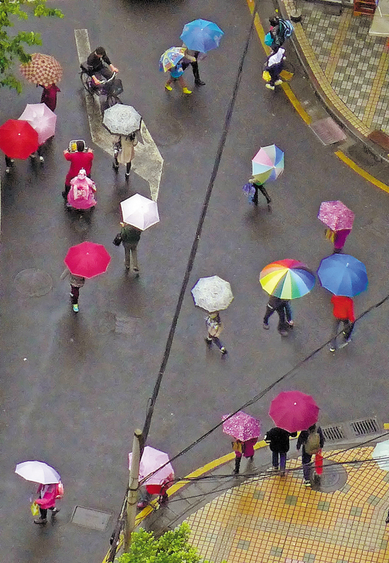 今晨,广州街头春雨飘洒,给匆匆上班的行人带来阵阵寒意.