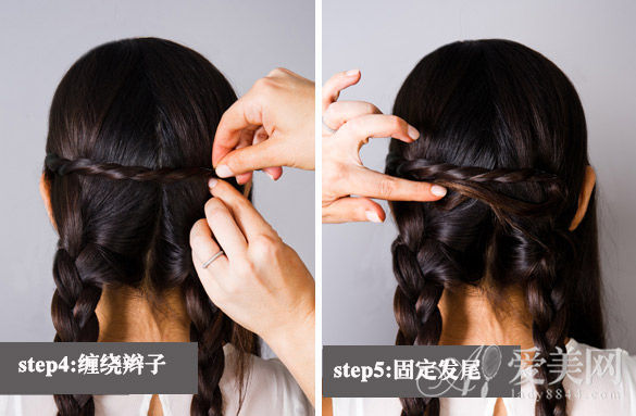 step4:将左侧前额编好的辫子从脑后拉至右侧,用发夹夹住