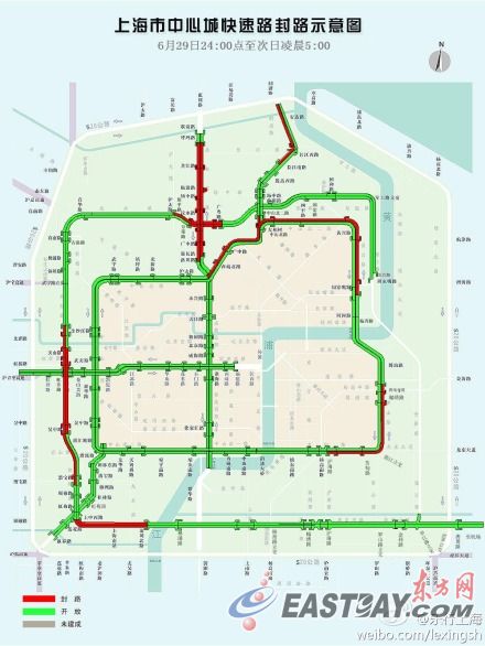 上海市中心城快速路封路示意图