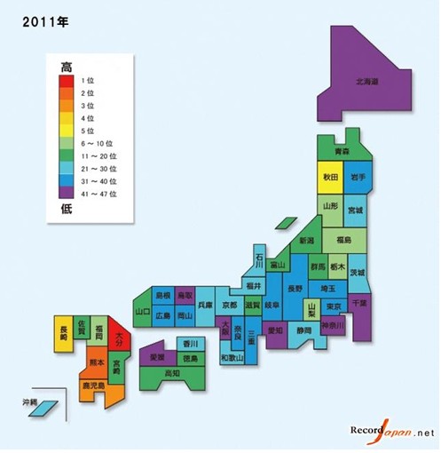 数据显示,以每10万人口拥有的肉食店计算,大分县在日本47个都道府县