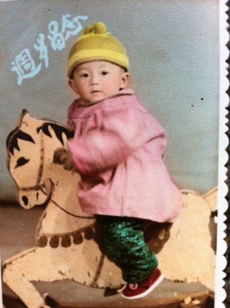 杨志刚微博晒一周岁萌照骑木马图